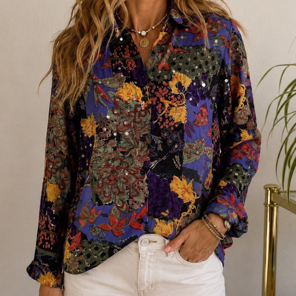 Vintage 90s Floral Button Up Shirt, Purple Medium Sequin Beaded Gypsy Eclectic